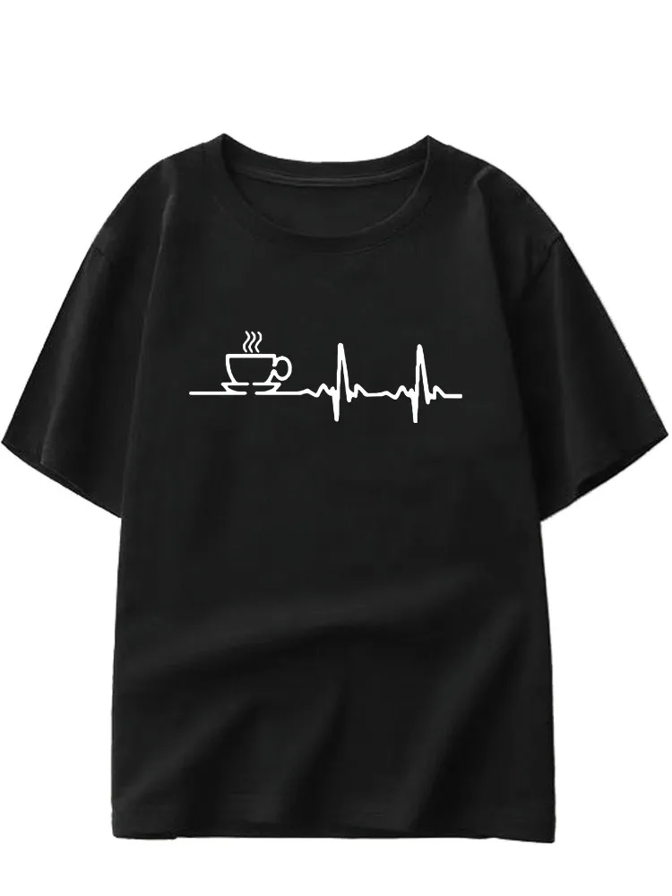 Camiseta informal de manga corta con estampado de taza de café y latido del corazón para mujer jersey cómodo con cuello redondo