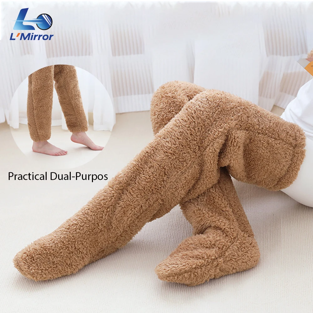 

L●Mirror Soft Fleece Fluffy Leg Warmers for Women 2-in-1 Gaiter And Loose Socks Thickened Over-Knee Style for Nighttime Warmth