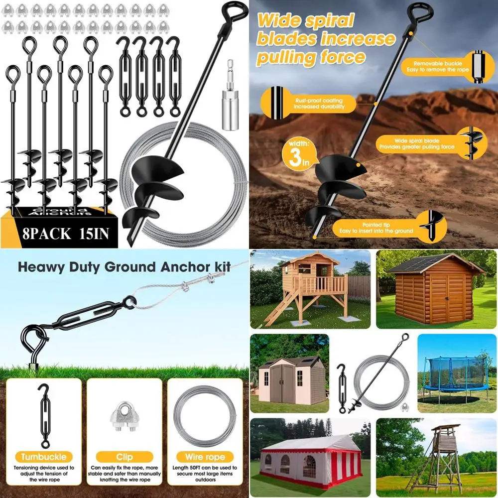 

Наземные якоря, 15 дюймов, 8 шт., с оцинкованным кабелем 1/8 дюйма для батутов и навесов — высокая устойчивость к ветру, идеальный сарай An