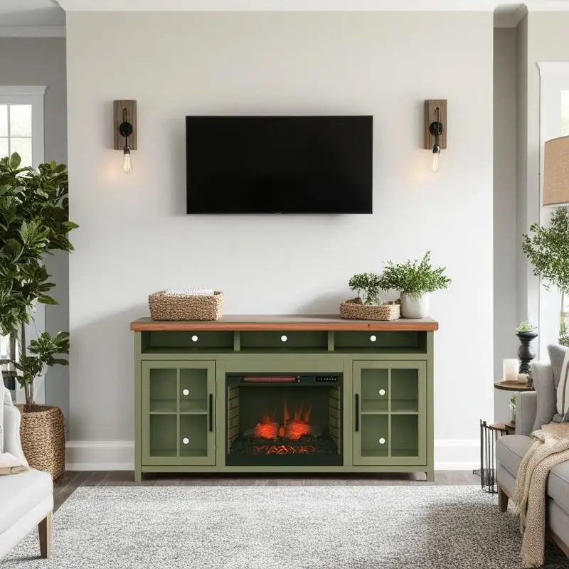 

74" Fireplace TV Stand Console for TVs up to 85", Easy Assembly, Sage Green & Fruitwood Finish, Modern Design for Living Room