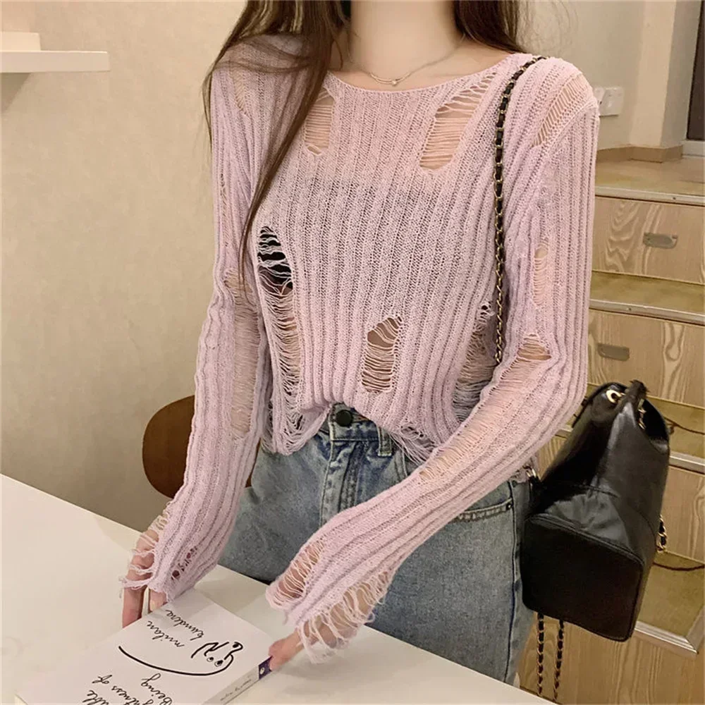 

Women Summer Short Small Tops Soft Sexy Pullovers Solid Color Korean Design Hollow Out Women's Thin Long Sleeve Knit Sweater