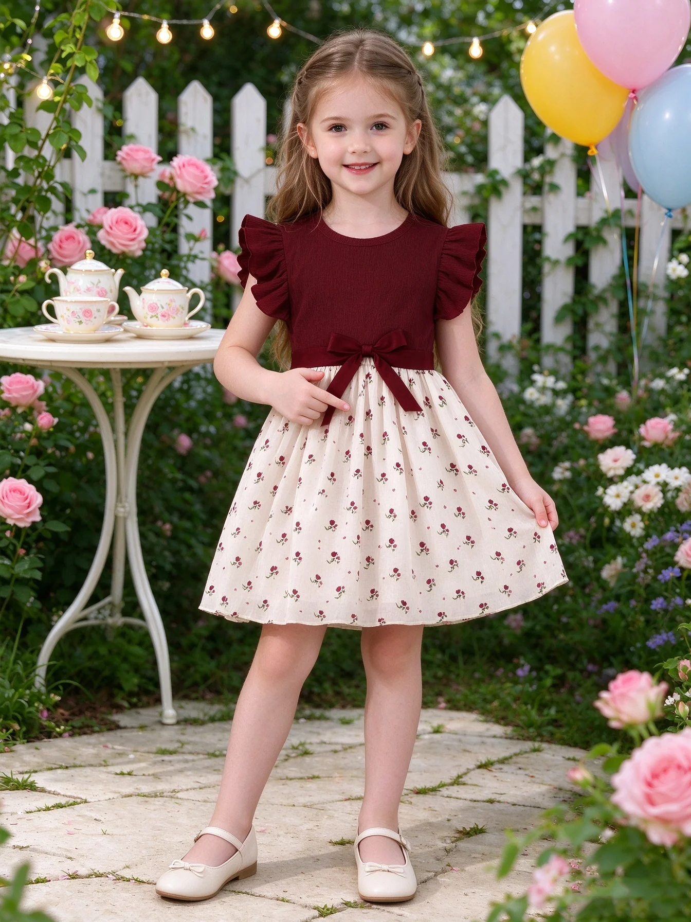 Girls Wine Red Ruffle Short Sleeve Floral Print Dress Bow Belt Waist Soft A Line Midi Casual Summer Party Trendy Y2K Fashionable