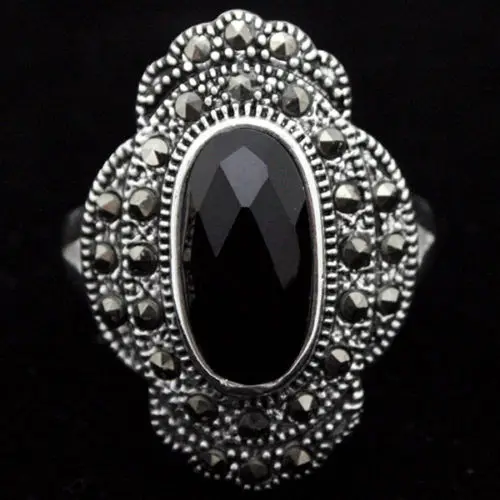 24*16mm 925 Sterling Silver Natural Black Faceted  Marcasite Ring Size: 7/8/9/10