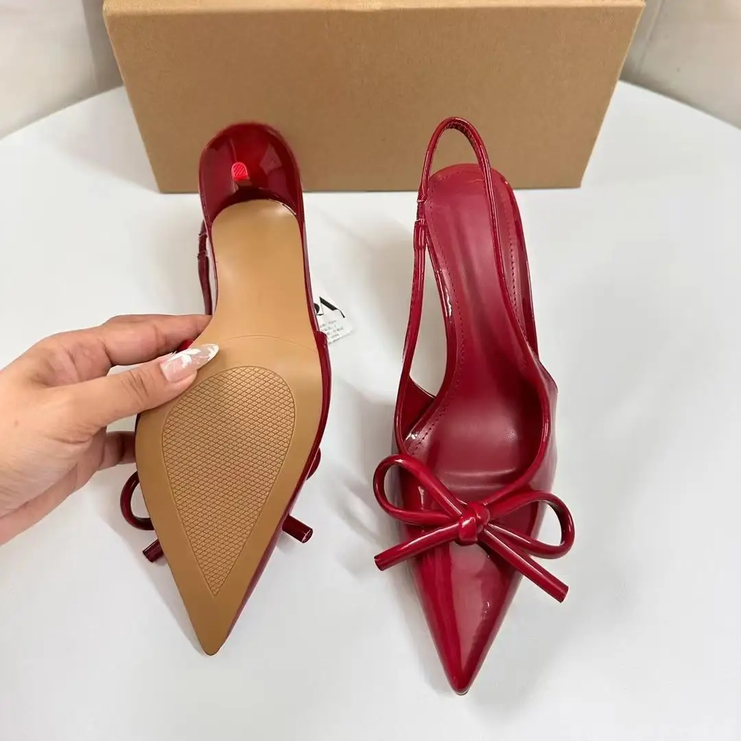 TRAF Red Bow Slingbacks High Heels For Woman Sexy Pointed Toe Patent Leather High Heels 2024 Autumn Elegant Woman Heeled Shoes