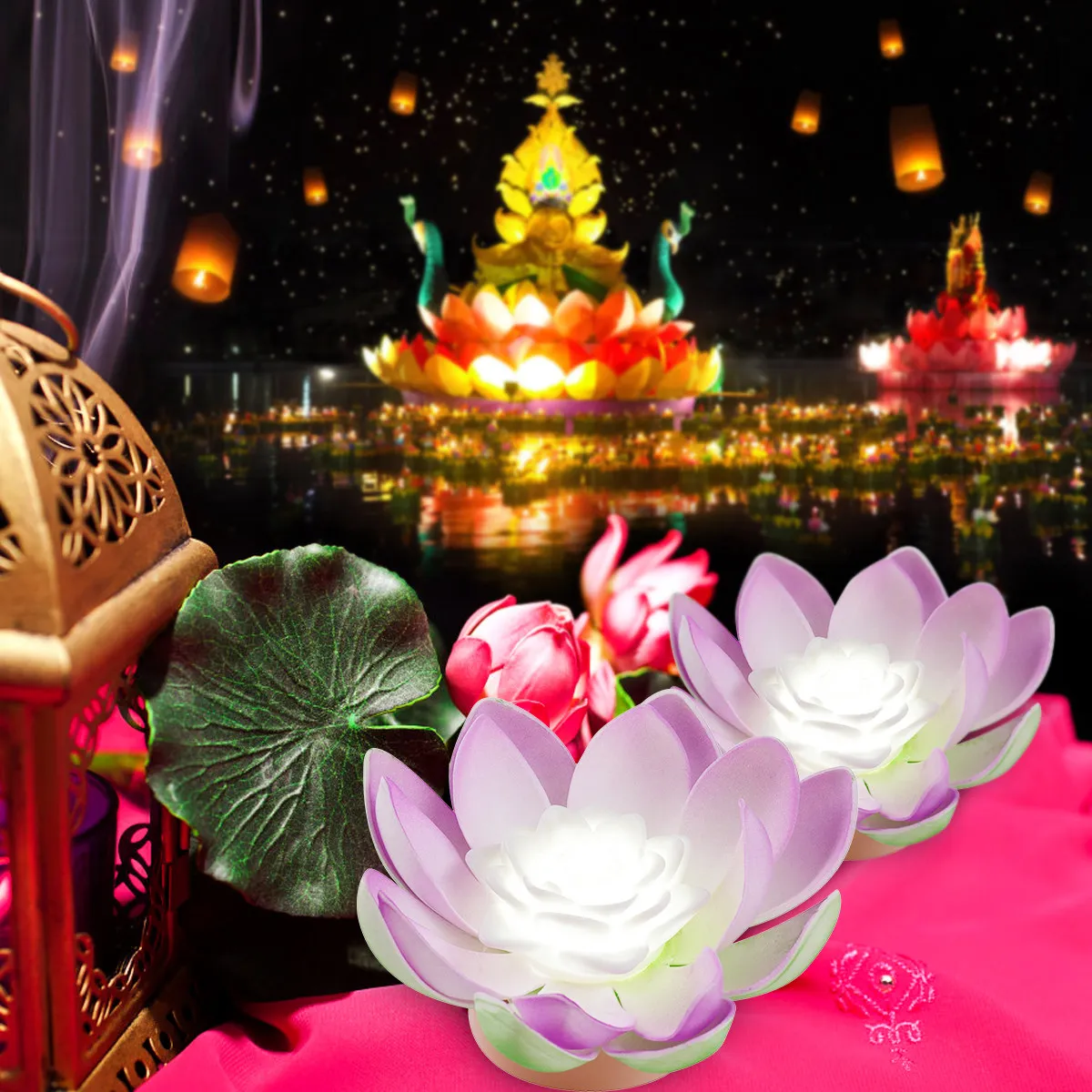 2Pcs LED Lotus Lamp Electronic Flameless Light Realistic Flower Flickering Light Floating Wish Lamp Buddhism Accessory