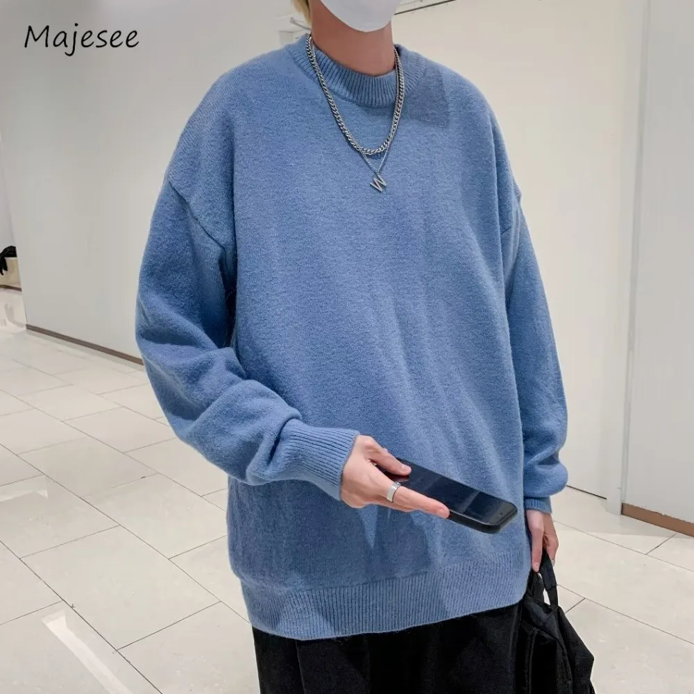 

Men Pullovers Knitwear Loose Solid Colors Warm Tender Simple Autumn Winter Korean Style Casual O-neck Long Sleeve Soft Hipster