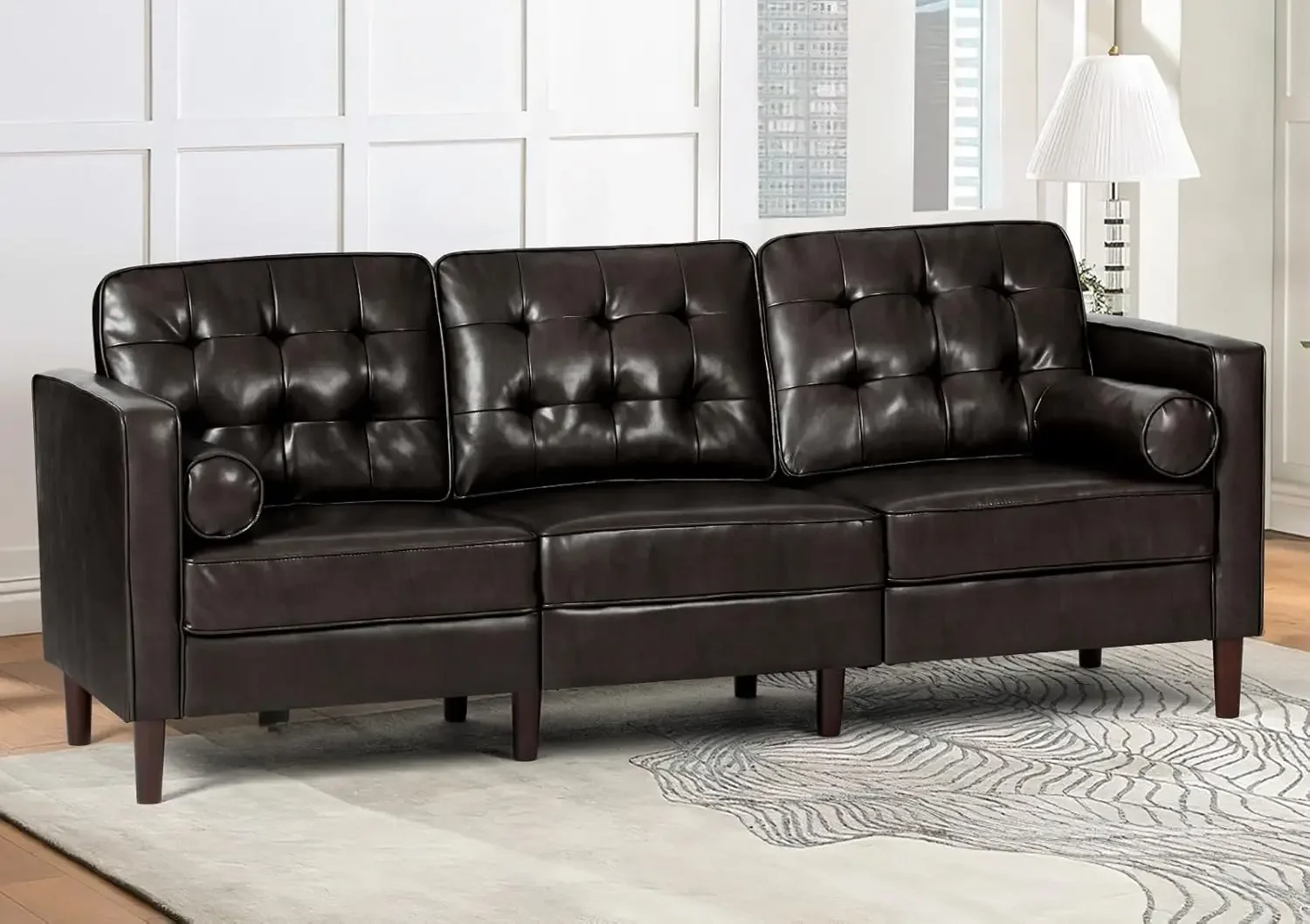 

Faux Leather Sofa with Tufted Backrest, Upholstered Couch with 2 Bolster Pillows, Mid-Century Sofa with Wooden Legs