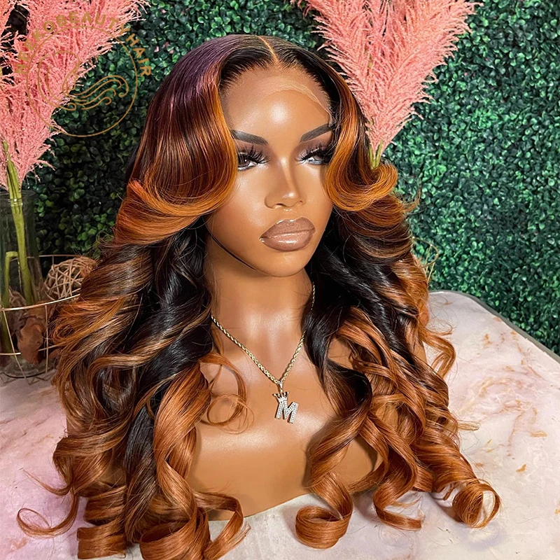 Ombre Ginger Brown Colored 13x6 Transparent Lace Frontal Wig Pre-Plucked Highlight Lace Front Human Hair Wigs For Women