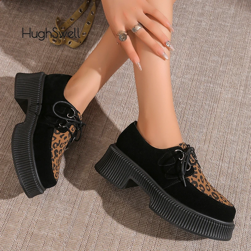 Leopard Creeper Sneakers Woman Autumn Faux Suede Platform Shoes Ladies Thick Sole Lace-up Dress Oxford Zapatos De Mujer