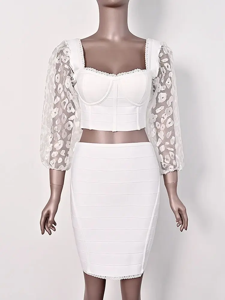 Lange mouwen mini sexy lange rok set mouwen mooie witte luipaardprint vrouwen bandage set bodycon tops slanke elastische roksets