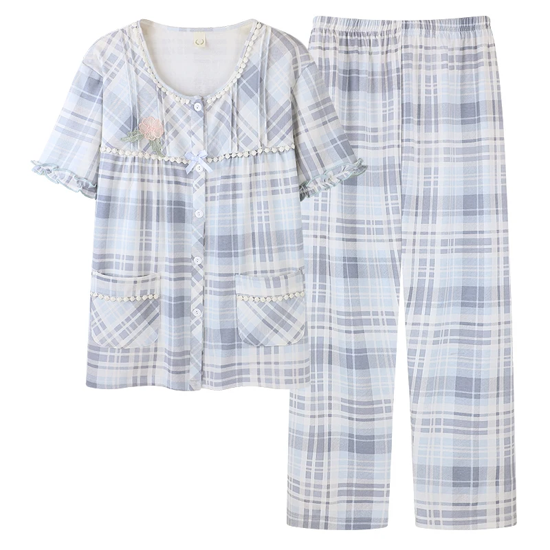 

Summer Women Pajamas Set Modal Pijama Short Tops+Long Pants Two Pieces Set M-4XL Womens Plaid Pyjamas Female Nightwear