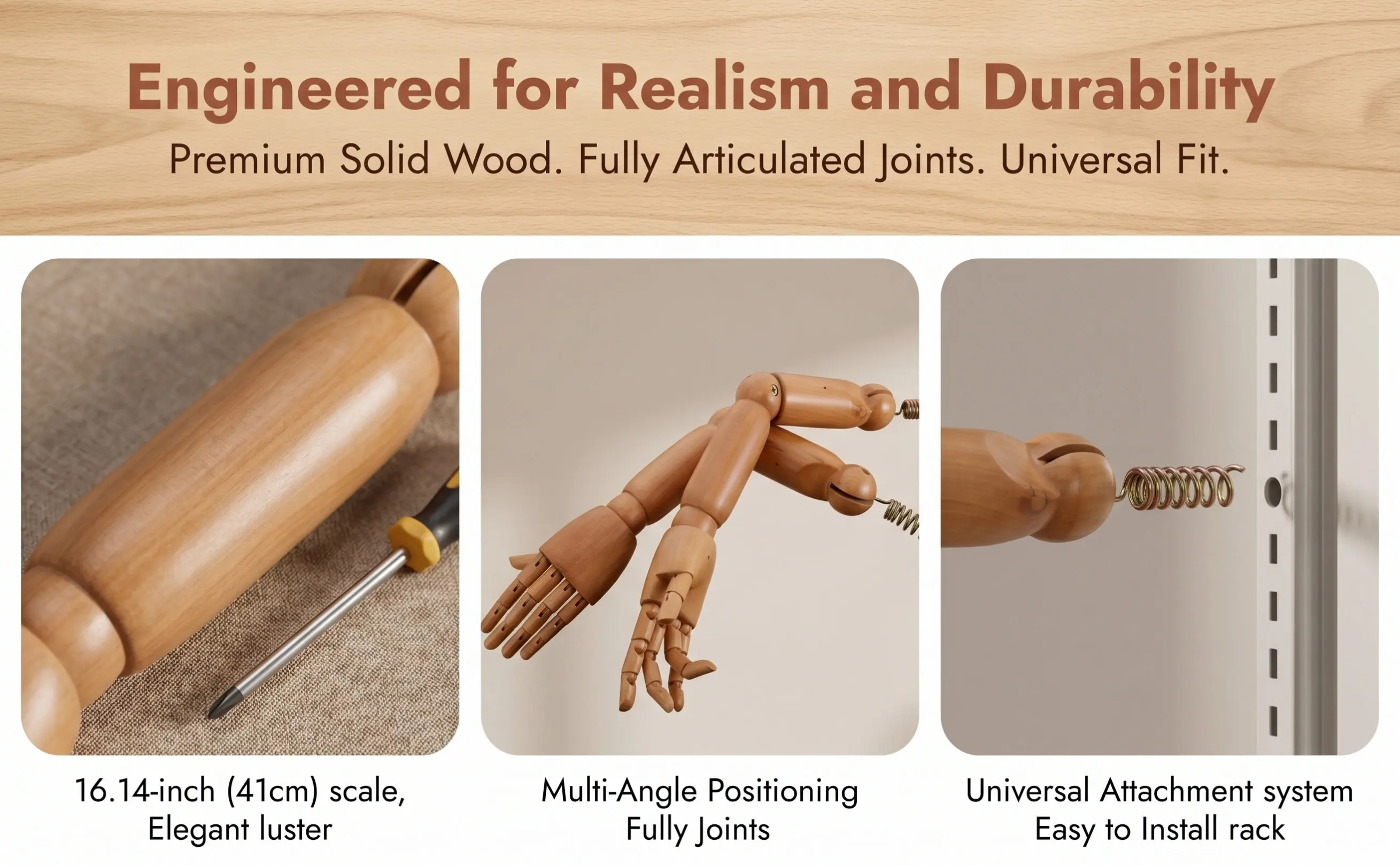 1Pair Articulated Wooden Mannequin Arm with Flexible Joints Realistic Anatomy for Photography Display Art Education
