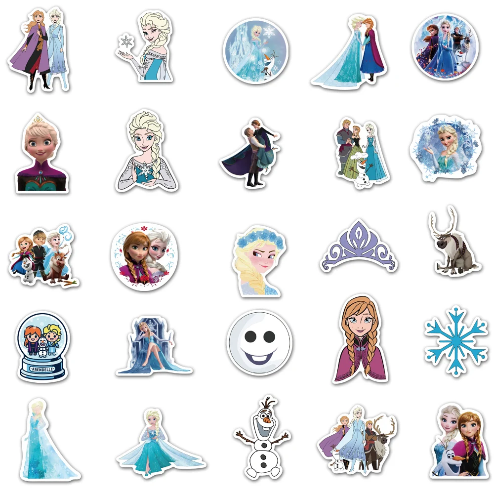 Disney Movie Frozen Princess Adesivos, Anna, Elsa, Kristoff, Olaf, adesivos dos desenhos animados para skate, laptop, bagagem, brinquedo do miúdo, 50 pcs, 100pcs