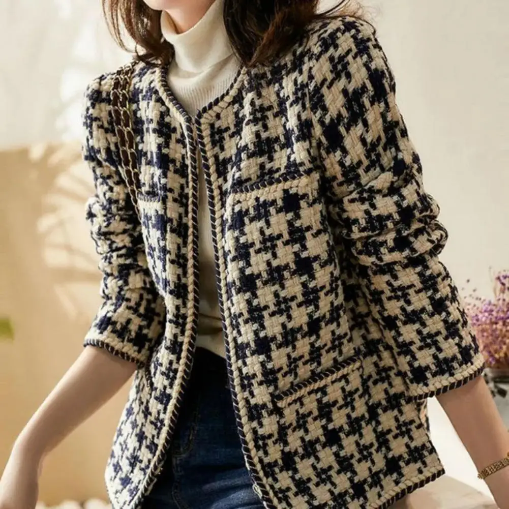 

Elegant Weave Plaid Women Blazer Winter Tweed Coat Office Ladies Suit Jacket Rough Surface Lady Open Stitch Cardigan Jackets