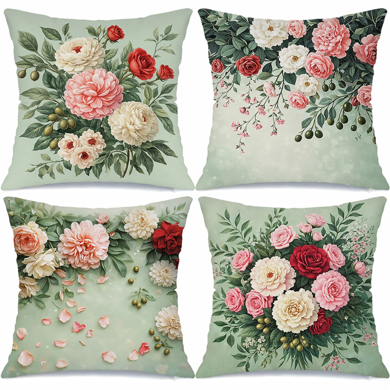 Elegant Peony & Rose Pillow Covers, Vintage Floral Bouquet Art Decorative Throw Pillow Cases, Serene Bedroom Home Decor 4pcs