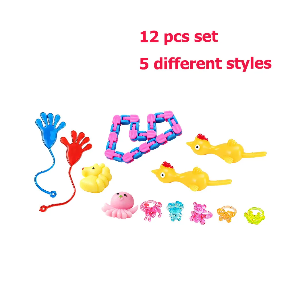Assorted Mini Stress Relief Toys Pack 12PCS, Stretchy Sticky Hand, Snap Wacky Tracks, Animal Squeeze Toys & Crystal Rings
