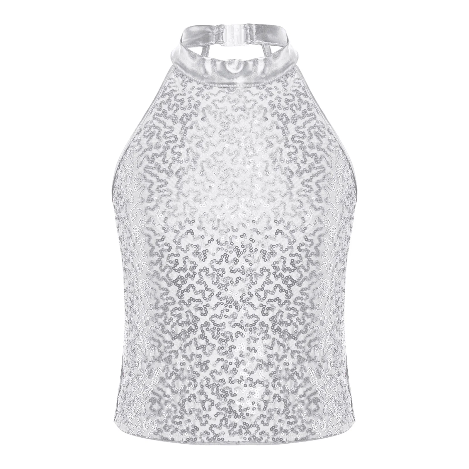 Kids Girls Sparkling Sequin Halter Crop Top Sleeveless Backless Tops for Cheerleading Jazz Dance Gymnastics Stage Performance