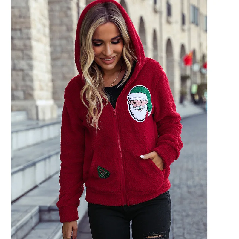 Autumn And Winter Women's Hooded Zipper Long Sleeved Loose Double-sided Velvet Christmas Style Warm Casual Jacket