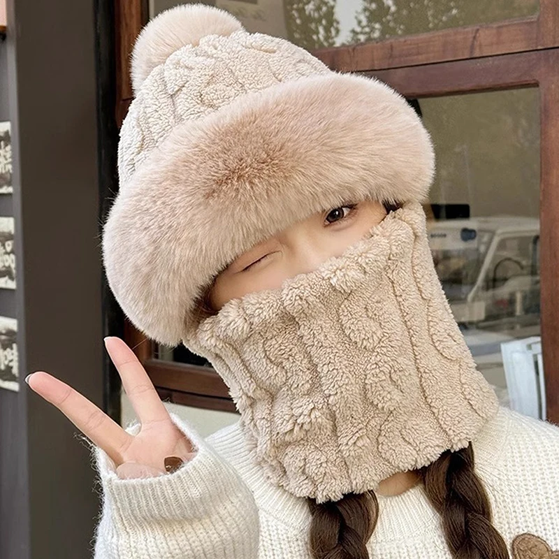 Fashion Plush Velvet Hat Scarf Mask Set Winter Warm Hat Neck Warmer Outdoor Cycling Windproof Warmer Scarf Hat Ear Protection image 5