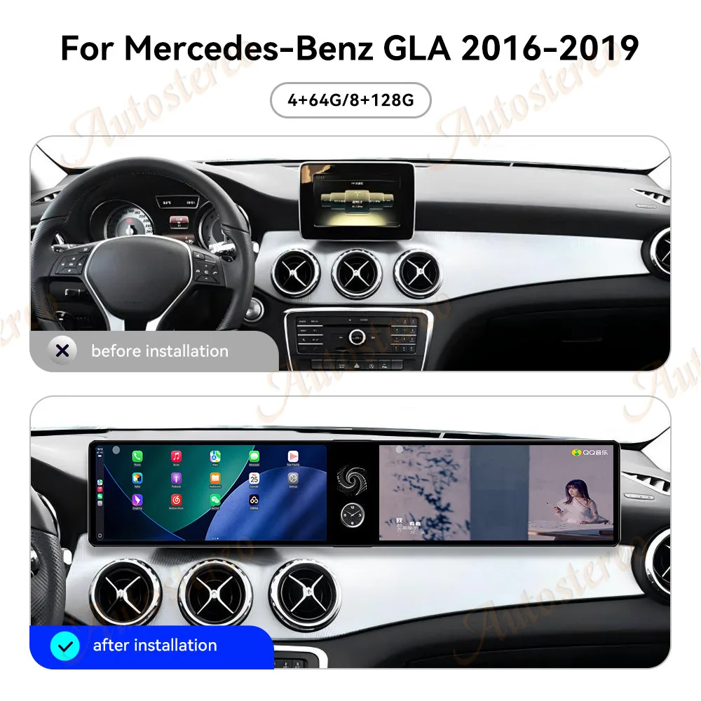 Dual Screen 12.3 inch Carplay Android 14 Car GPS Navigation ForMercedes Benz GLA 2016-2019 Head Unit Multimedia Player Car Radio