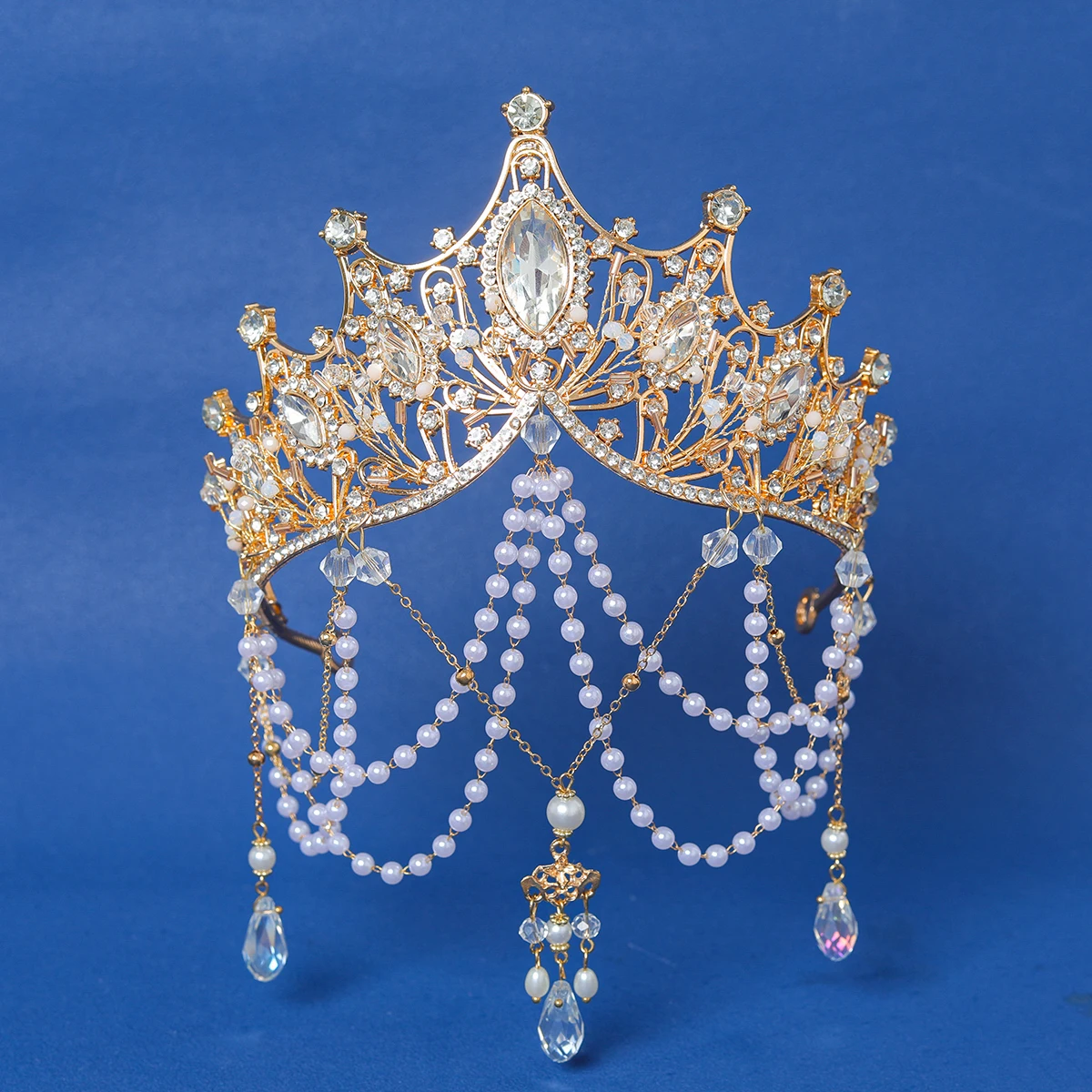 Trendy Gold Crystal Tiaras Crowns Handmade Tassel Pearls Princess Queen Diadems Wedding Bridal Hair Accessories