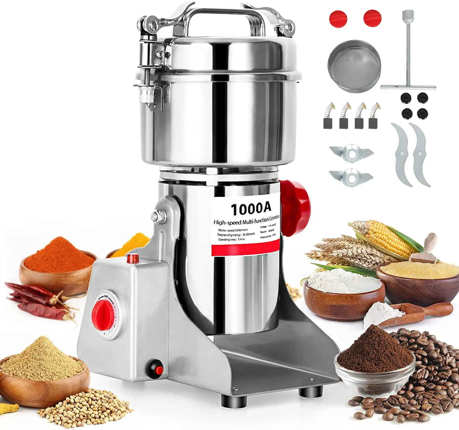 1000g Electric Grain Mill Grinder 2800W High Speed Powder Grinder Machine Stainless Steel Commercial Pulverizer for Pepper