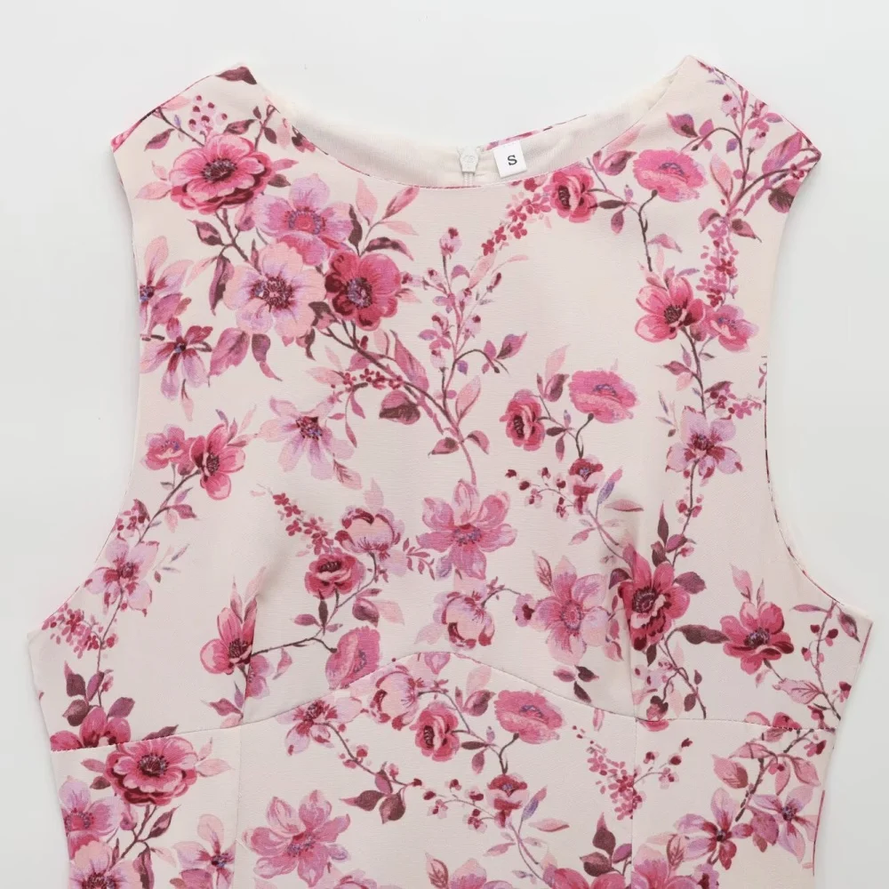 فستان بذلة نسائي بخصر مطبوع عليه زهرة البوبلين ورقبة دائرية بدون أكمام وسحاب خلفي فستان صيفي قصير حلو جديد