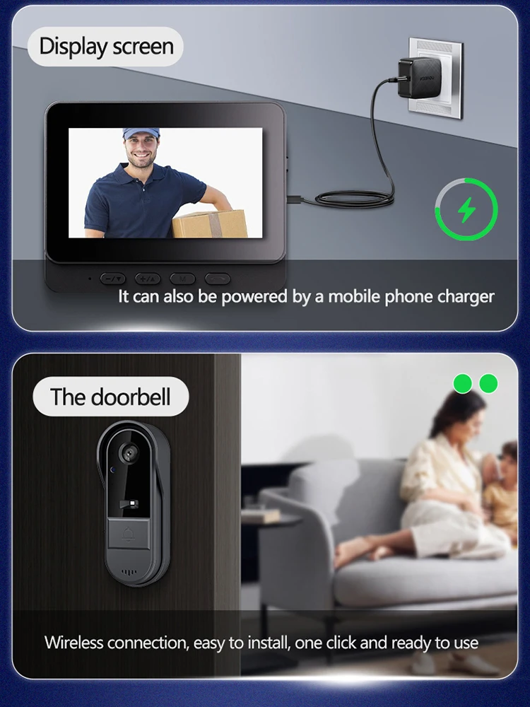 2.4G WiFi 무선 비주얼 초인종 IR 야간 투시경 카메라 4.3 인치 IPS 스크린 비디오 인터콤 도어 카메라 방수