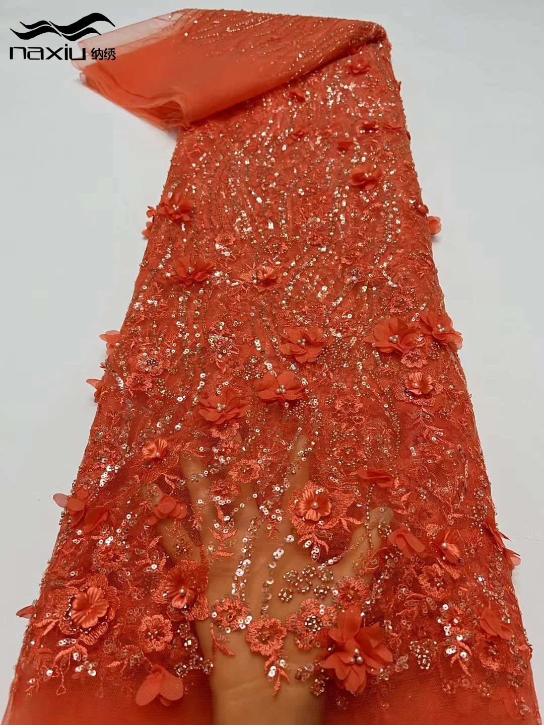 

Madison 3D Flower African Sequins Lace Fabric Nigerian Groom Embroidery High Quality French Tulle Lace Fabric For Bridal Wedding