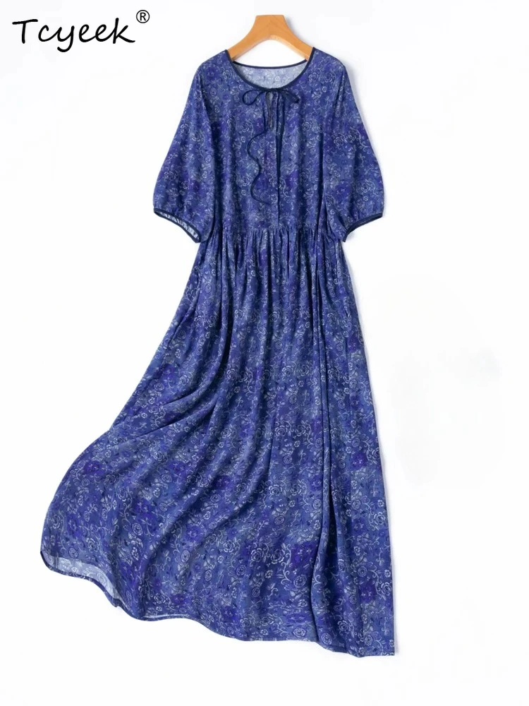 

Tcyeek 100% Natural Silk Dress for Women Elegant Womens Dresses Loose Waist Beach Dress Fashion Summer Clothes Платье Женское