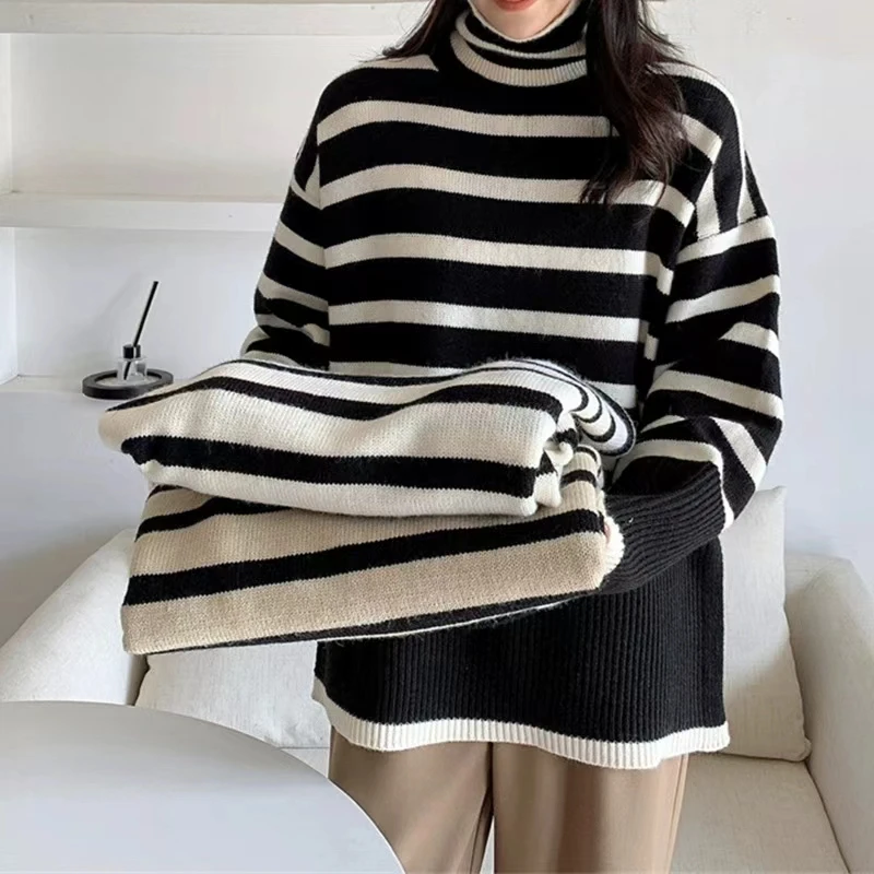 Women\'s Striped Turtleneck Sweater, Long-Sleeved Loose Outer Slit Top Warm, Thickened, Knit, Casual Streetwear, Tops, Y2k, 2024