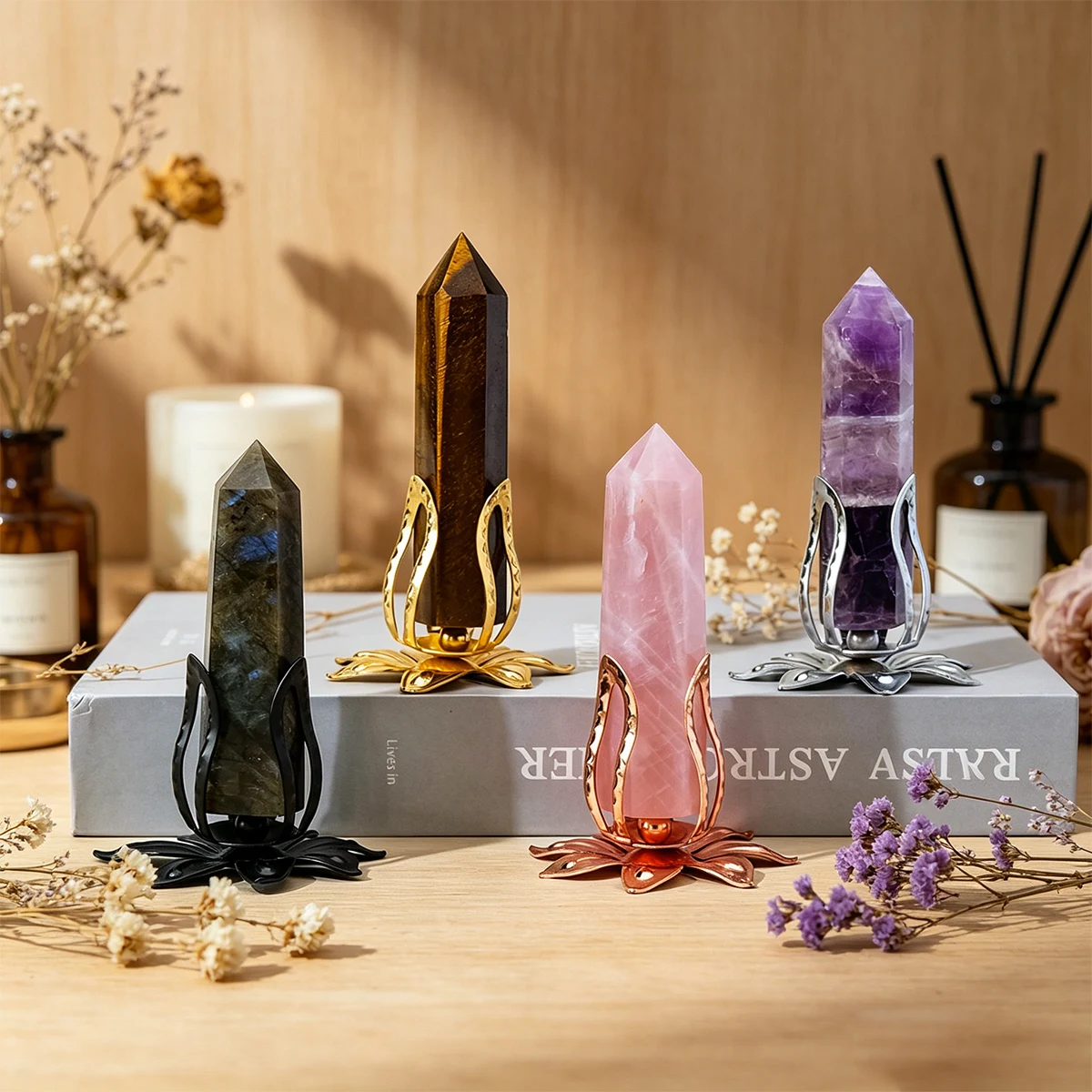 4pcs Bohemian 3 Flower Buds Crystal Column, Detachable Crystal Ball with Metal Base, Reiki Healing Gemstone Ornament, Home Offic