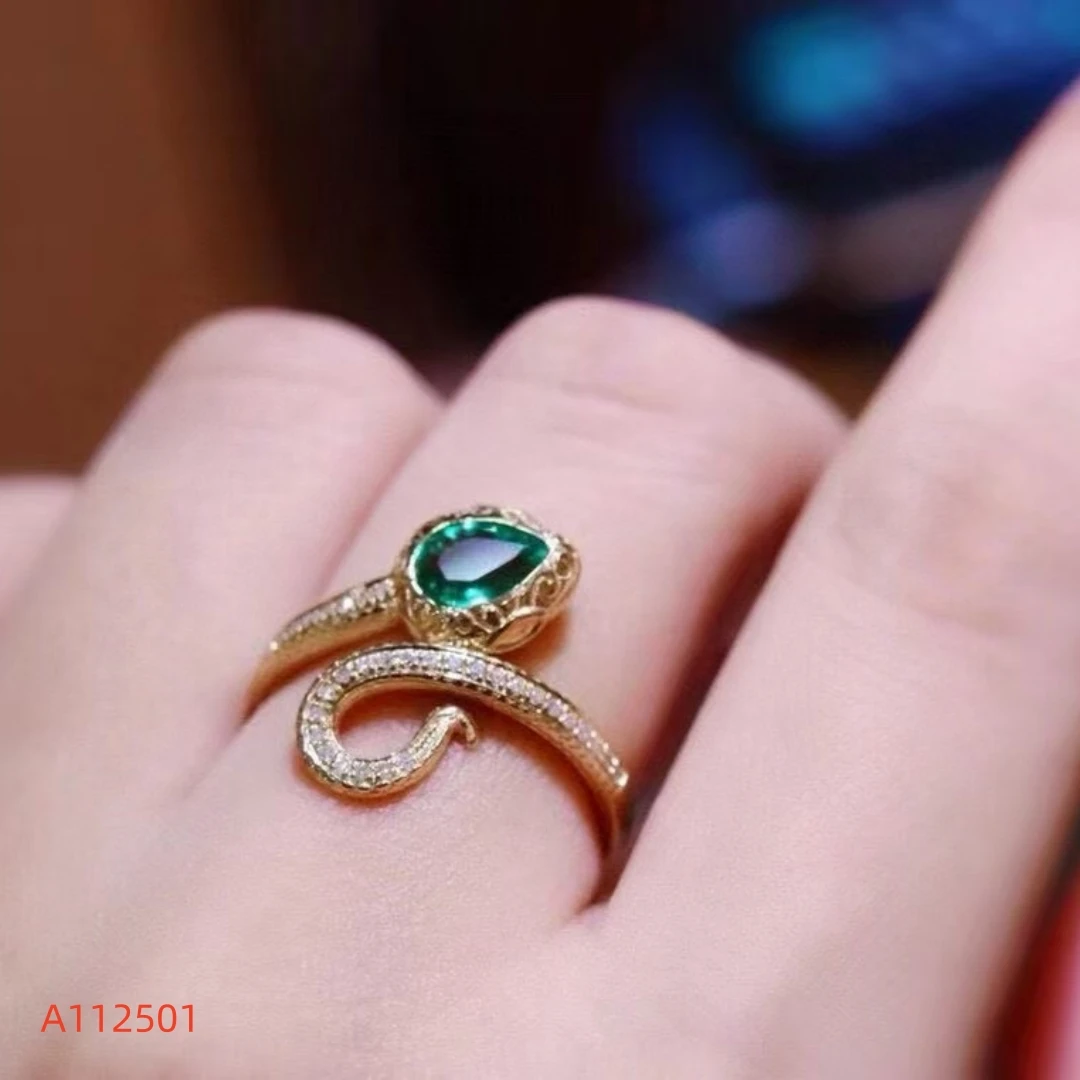 Fine Jewelry Natural Emerald Snake-shaped Women's Ring S925 Pure Silver Electroplating Process Inlaid Gems Support Testing