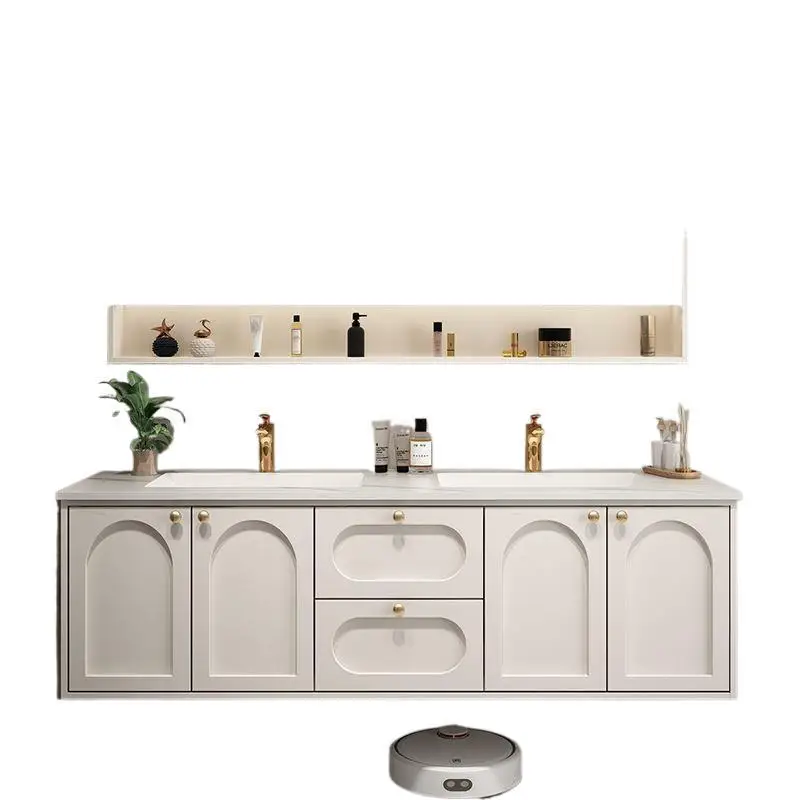 

Французский умный шкаф для ванной комнаты с двойной раковиной, комбинированный шкаф для ванной комнаты с умывальником из цельного дерева