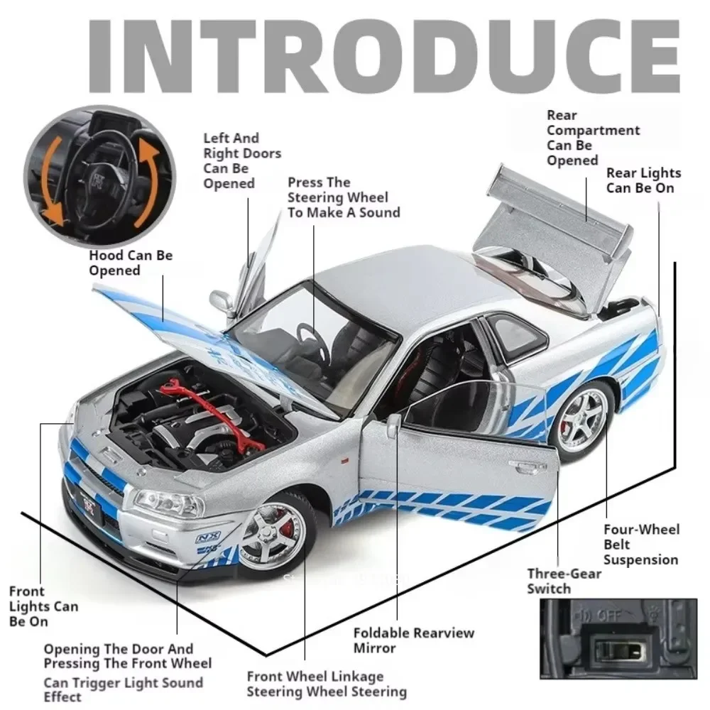 Model samochodu GTR50 GTR R34 w skali 1:24, zabawki, modele ze stopu, odlewane pojazdy, dźwięk i światło, napęd na sprężynę, miniaturowy samochód, prezent urodzinowy dla chłopców
