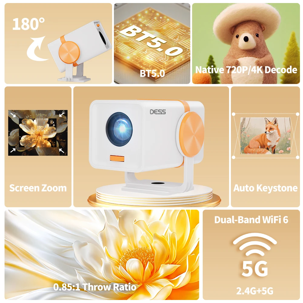 DESS 4K-Projektor Android 13 TV OS 1280 * 720P Wifi6 BT5.0 4K-Dekodierung Kino Outdoor drehbar 180 ° Tragbarer Videofilmprojektor
