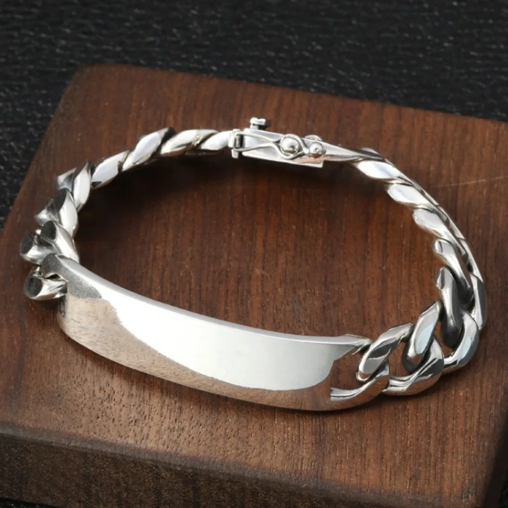 

Real Solid 925 Sterling Silver Chain Men Lucky Cuban Curb Link ID Bracelet 64.9g/20cm