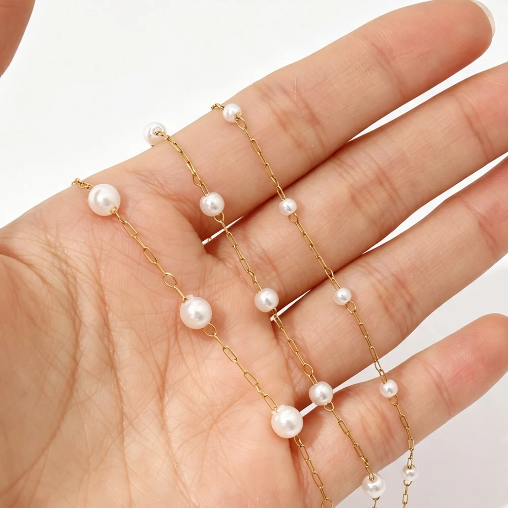 100cm Stainless Steel Imitation Pearl Beaded Cable Chain Findings for Jewelry Making DIY Necklace Bracelet Accessories