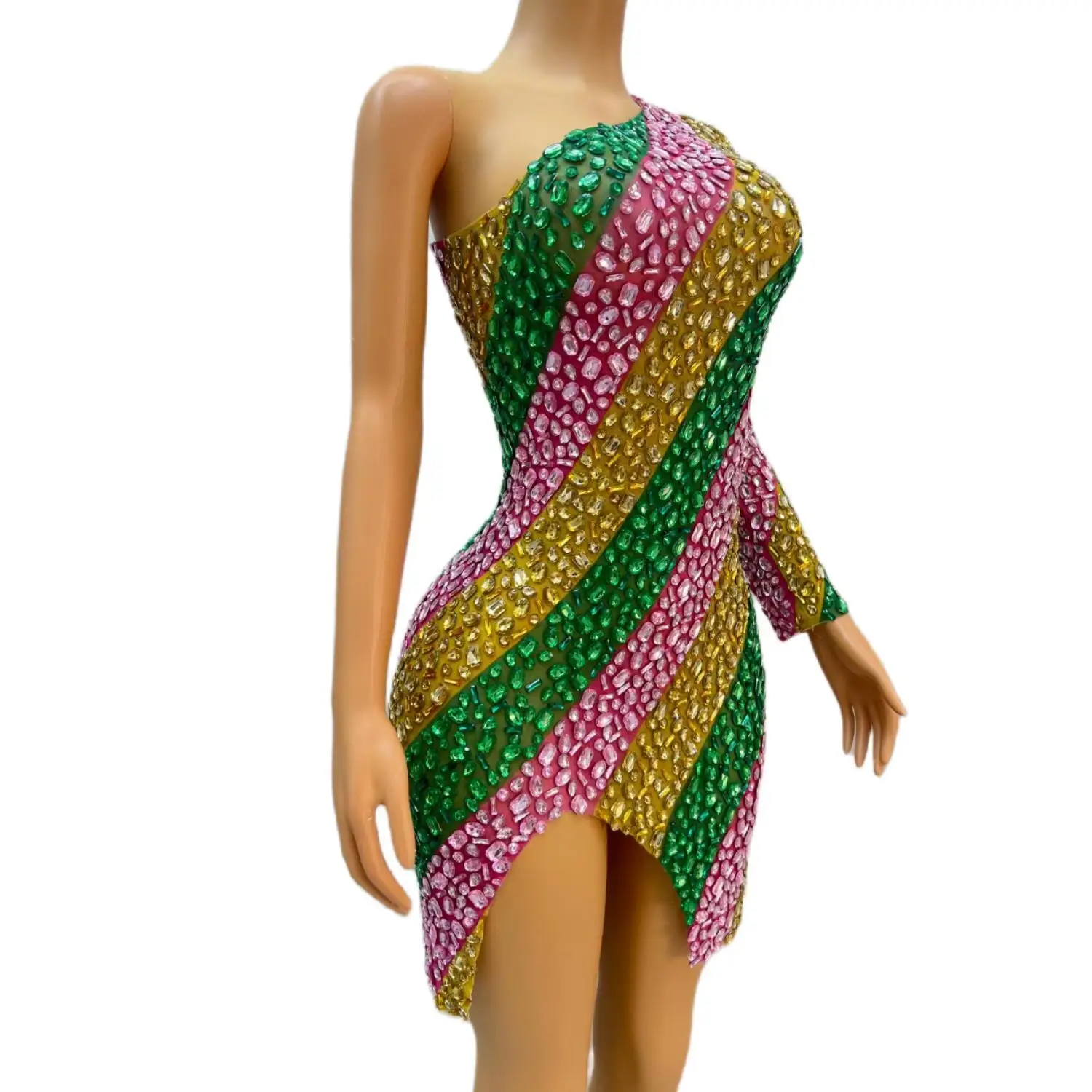 Women Colorful Rhinestone Dress Birthday Celebrate Evening Party Skinny Stretch Short Dress Singer Bar Stage Costume Chuncai