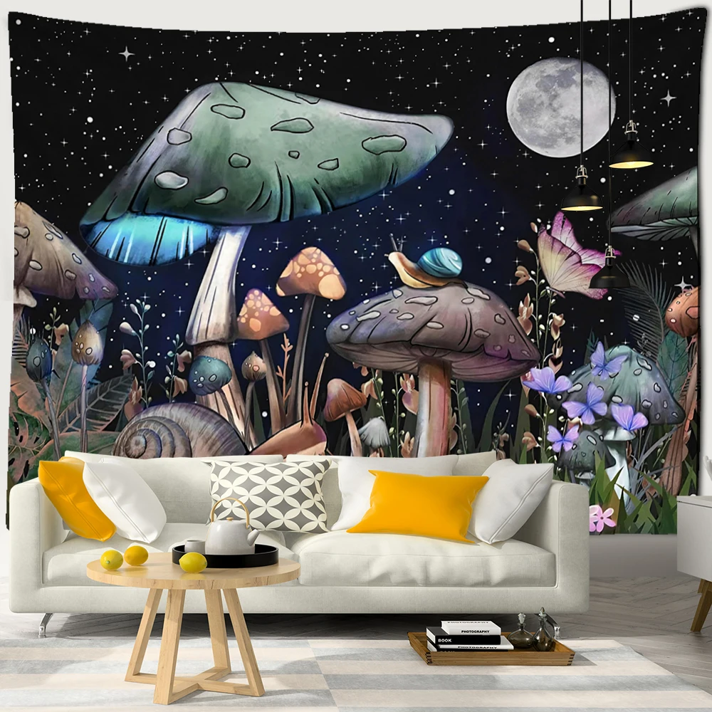 

Psychedelic Snail Mushroom Wall Hanging Tapestry Witchcraft Mystic Moon and Stars Fantasy Plants Art Room Decor