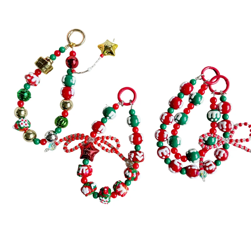 Cordón de teléfono de Navidad de dibujos animados, cadena con cuentas de Navidad, colgante de cadena para teléfono móvil, pulsera antipérdida, llavero con correa para teléfono móvil