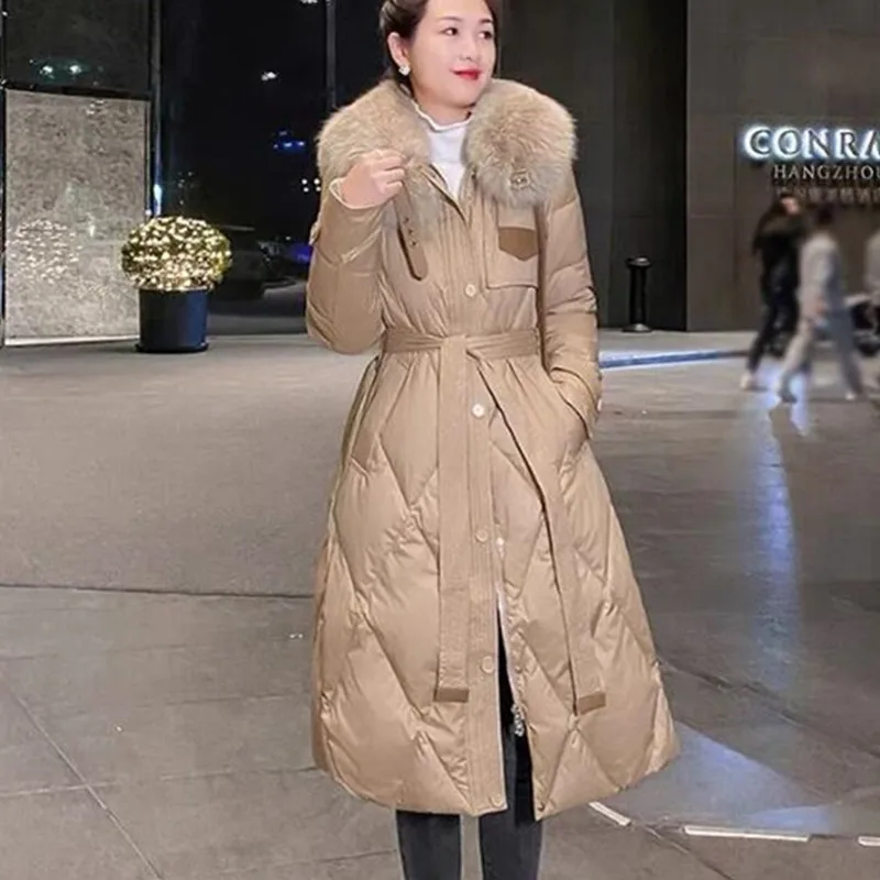 Winter Women's Coat Fashionable Long Waist Large Fur Collar Thickened and Warm Parkas 2023 New Down Cotton Coat A1311