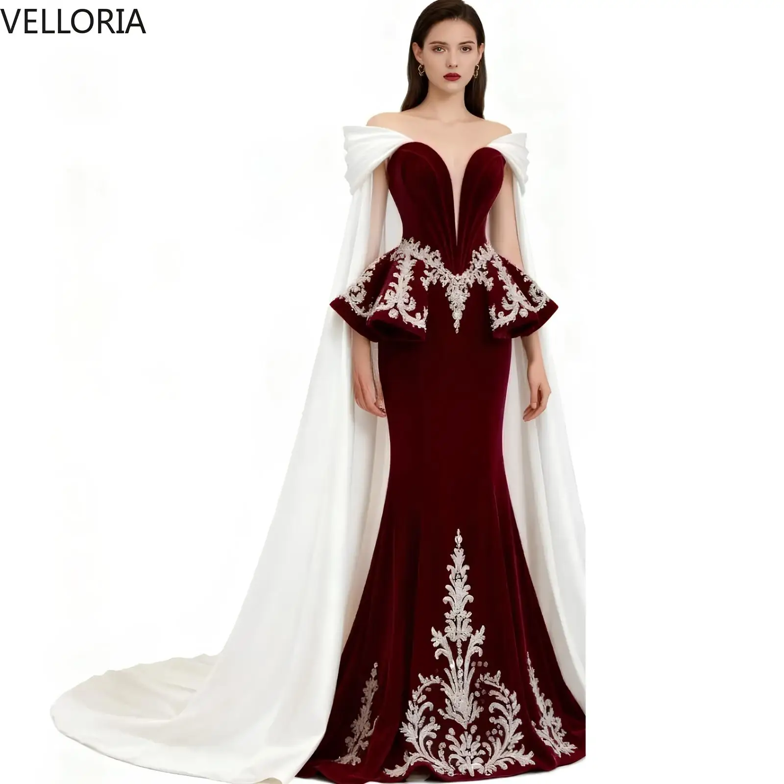 

Elegant Lace Evening Dress With Cape Burgundy Mermaid Peplum Prom Dress Arabic Dubai Party Dress Vestdos De Fiesta Customized