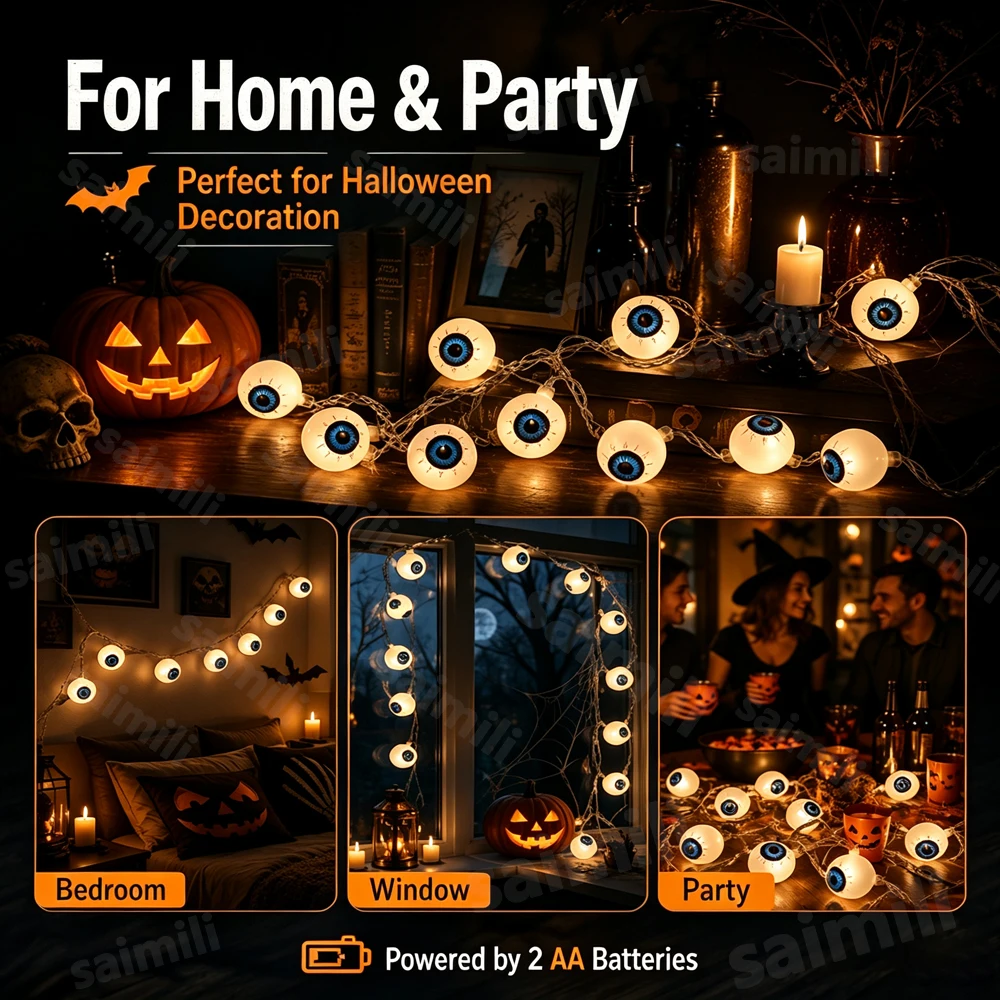 Spooky Halloween Theme LED String Light Pumpkin Ghost Eyeball Waterproof Battery Powered For Home Outdoor Holiday Party Decor