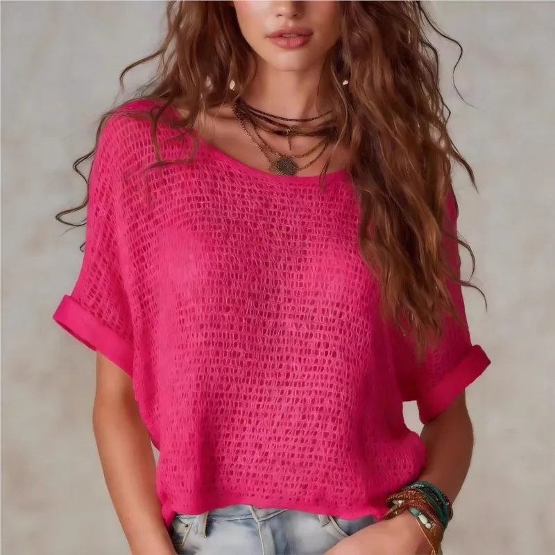 Knitted Hollow Out Short Sleeve Loose T-Shirt Women's Fashion Casual 2026 Solid Color Summer Outdoor Bohemian Pullover Top
