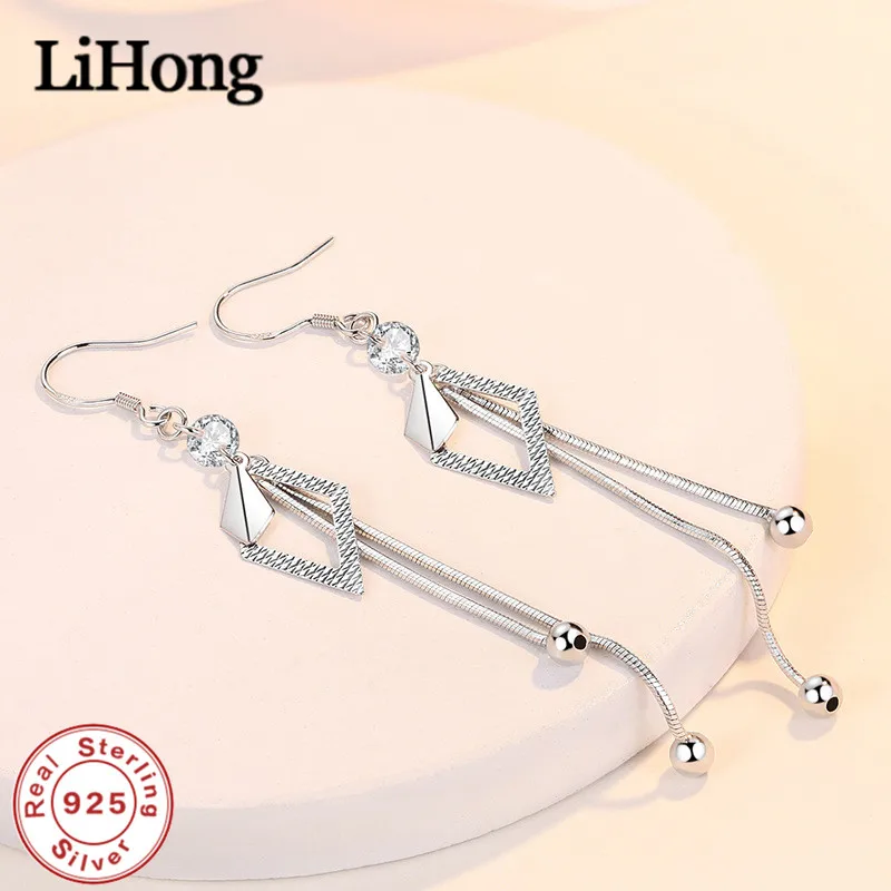 925 Sterling Silver Long Earrings Tassel Diamond-Shaped Zircon Long Earrings For Women'S Fashion Jewelry Gifts