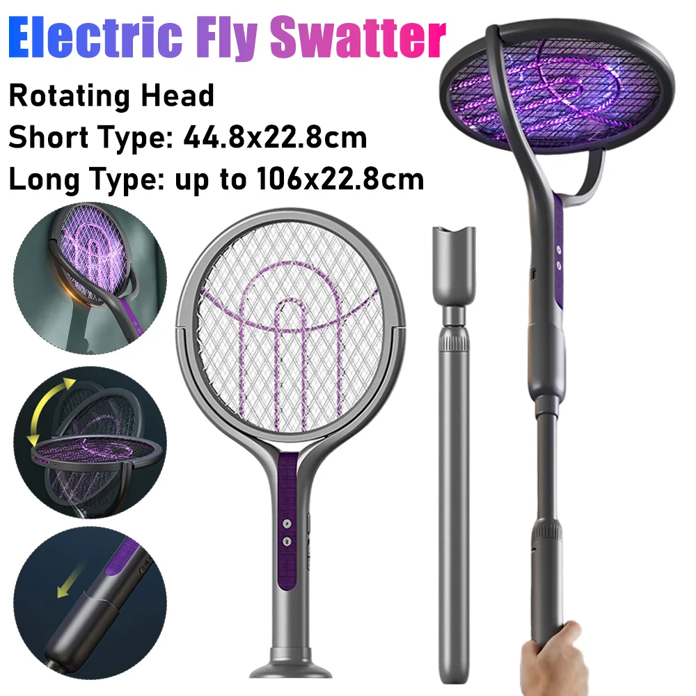 Matamoscas extensible, raqueta antimosquitos con cabezal giratorio, trampa eléctrica para mosquitos, luz para el hogar, jardín y Camping
