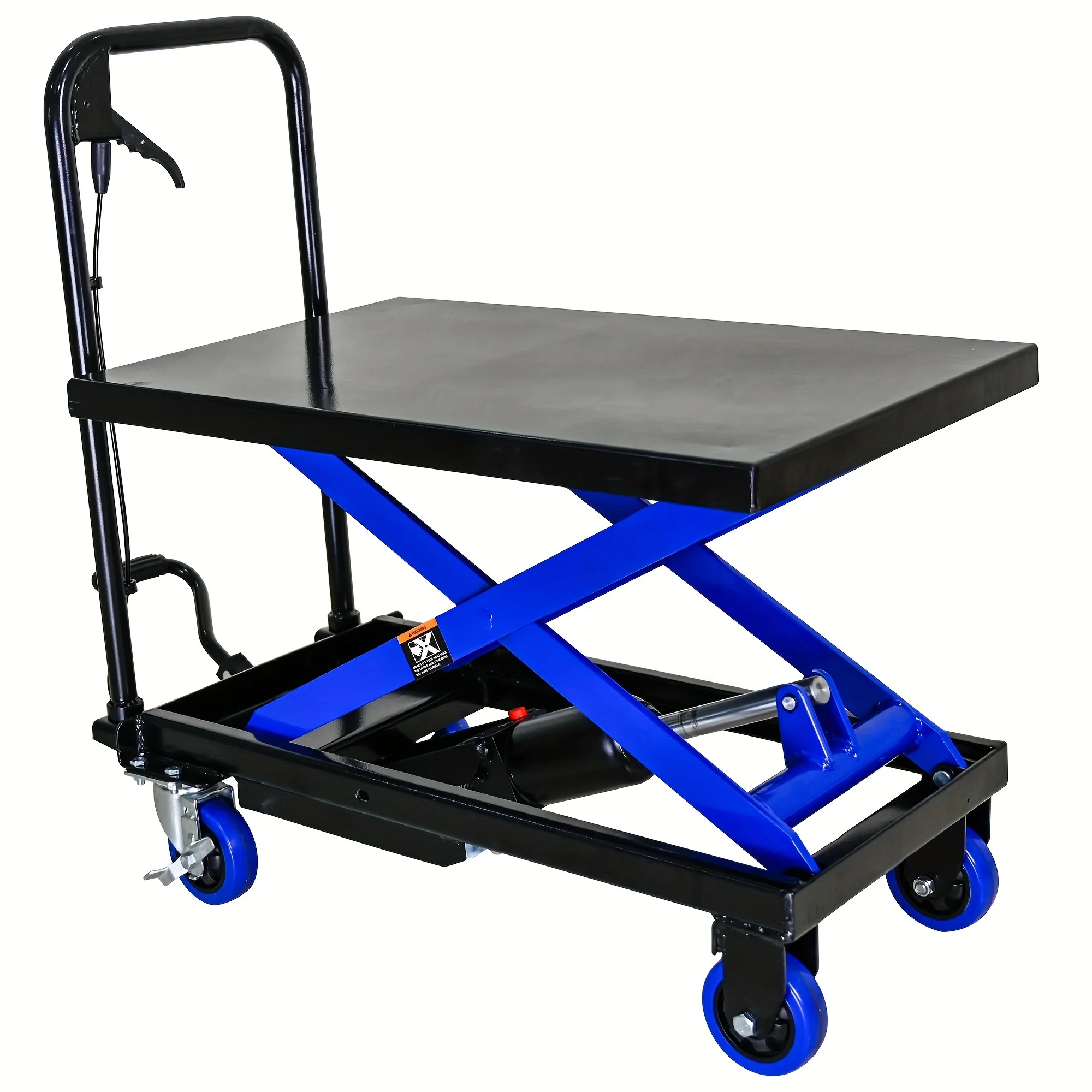 

Hydraulic Lift Truck with 500 Pound Load Capacity and 4 Wheels, for Material Handling and Transportation, Black+Blue