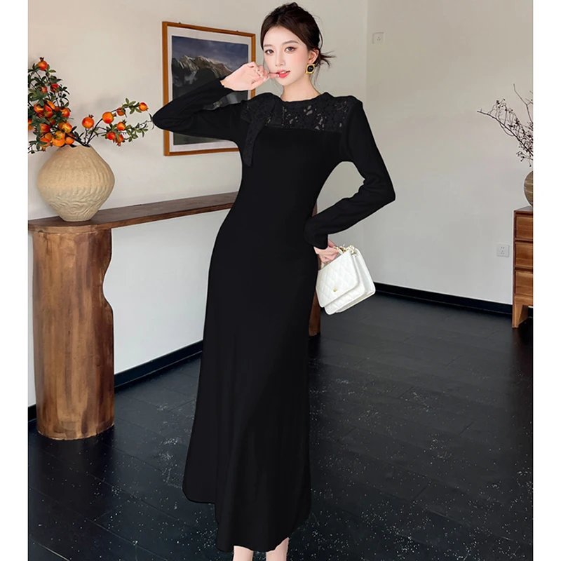 Korean Fall Winter Elegant Dress Women Jacquard Patchwork Solid Slim Dress Lace Knit Sweet Long Sleeve Party Evening Vestidos