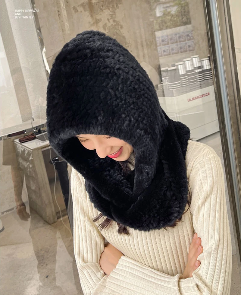 Hot Sale New Women Real Knitted Rex Rabbit Fur Hat Hooded Scarf Long Winter Warm Fur Hat With Neck Collar Scarves Hat Scarf